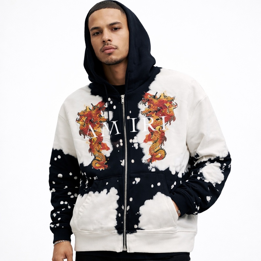 Authentic Amiri Bleached Dragon Logo Full Zip Hoodie Mens Medium Sweater Fits LG
